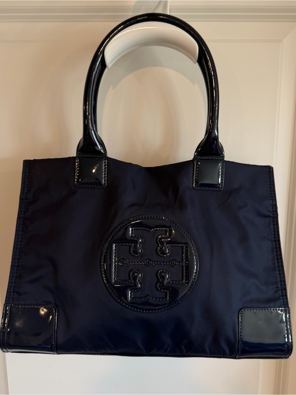 Tory Burch Navy Nylon Small Ella Tote with Patent Trim and Logo Medallion